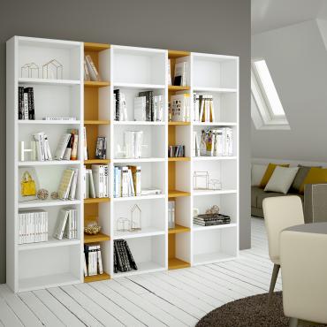 Almond d.32,8 lacquered modular bookcase white and yellow: cm 243 (modules 60 + 30 + 60 + 30 +60) h.222,8 - height modified in h. 232