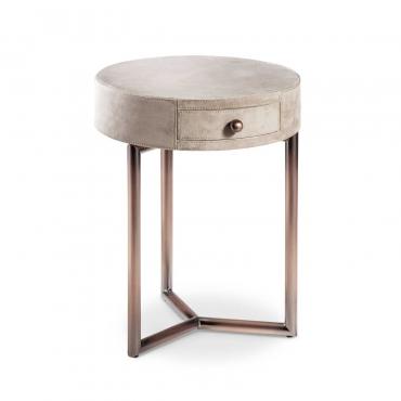 Round bedside table with upholstered drawer Teo by Cantori with knob matching the base finish (structure finish not available)