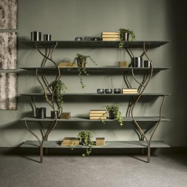 Albero minimal design bookcase in mother of pearl wood and champagne metal