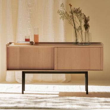 Low sideboard with sliding wooden doors Katen with slatted decoration