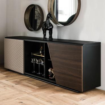 Aston sideboard with central open compartment by Cattelan; right door in wood veneer and left door in quilted leather or faux-leather