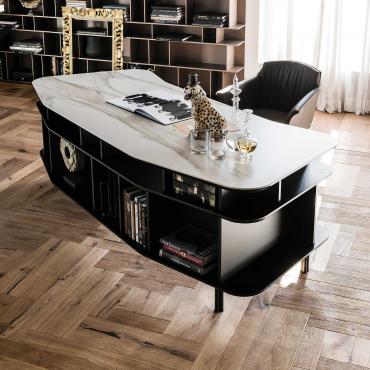 Wall Street luxury modern executive desk by Cattelan with marble ceramic stone top and lacquered structure with frontal compartments