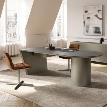 Hidalgo is a design desk with metal cylinder base in the version with one colour in painted metal colour Titanium and Slate ceramic top