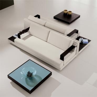 Ibisco white sofa with metal armrests and bonded leather sides