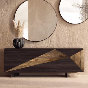 Credenza artigianale in legno Maple con inserto in massello secolare e coppia di basamenti in metallo verniciato