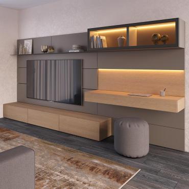 Storage wall unit with suspended TV and desk Replay 07