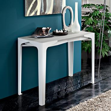 Garrick extending console table with corner legs in white painted metal and top in ash basalt HPL