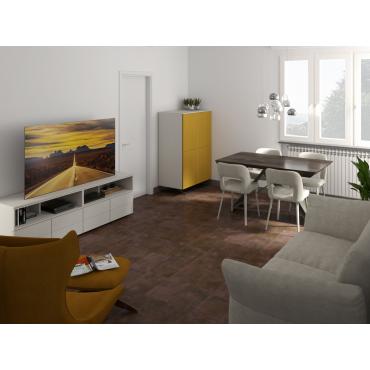  Progetto per soggiorno con pavimento scuro - render