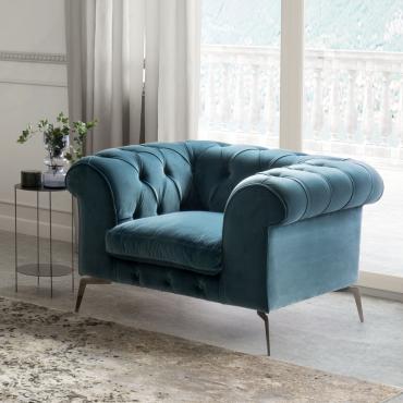 Bellagio modern button tufted armchair, covered in velvet