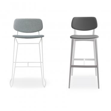 High metal stool with upholstered seat and back