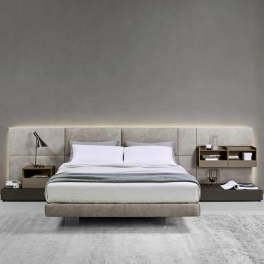 California upholstered bed with wall panelling