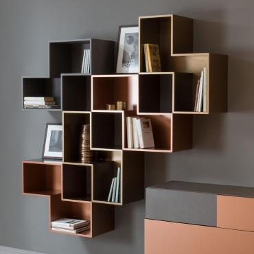 Cube shaped modular shelf with backrest