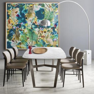 Minimal style table with metal trestle Vigo with Statuarietto finish ceramic top