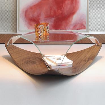 Quiet shaped coffee table with glass top