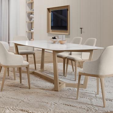 Tavolo in gres con base di design in legno Pearl