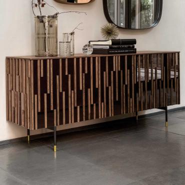 Credenza moderna a specchio con inserti Drops in legno essenza noce canaletto