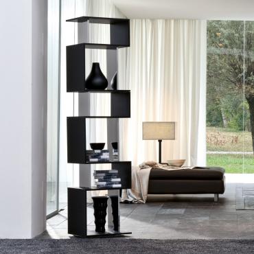 Osuna swivel bookcase with mirror elements placed in the white matt lacquered wood structure