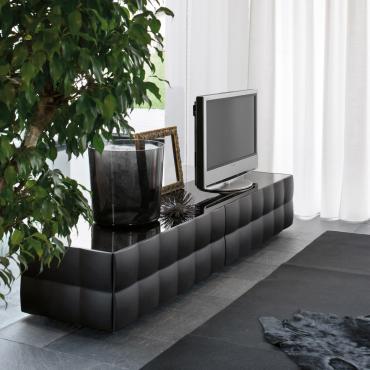 Venice TV stand with black matt lacquered tufted effect.