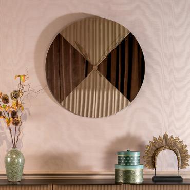 Era Ora Round Mirror Clock with Ribbed Glass Inlay, Gold Hands and Bronze Finish.