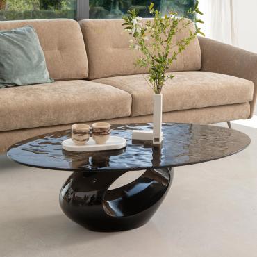 Dubai elliptical coffee table with sculptural aluminium lacquered base and hammered effect fused smoked glass top