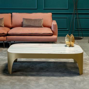 Modì modern coffee table - square top in Matt Cream Gres stone and Stone Bronze structure