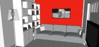Progettazione 3D Soggiorno/Salotto - vista zona libreria e divano