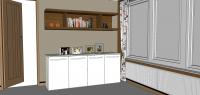 Living/Sitting room 3D design - detail of the low bookcase and shelves