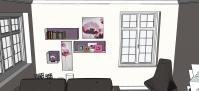 3D Living Room Design Project - view of the shelves and paintings composition