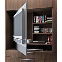 Detail of the adjustable TV panel with partition and side shelves placed behind