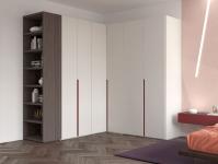 Wide design corner wardrobe in white matt lacquer with partial recess grip in amaranth (Wide corner unit cm p.61,2)