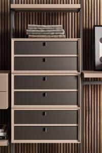 Open storage compartments in matt lacquer (Nude finish) with internal boxes covered in hide leather (1031 finish)