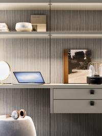 Wall panelling in ash Eucalyptus melamine with a desk and drawer unit in Aghata matt lacquer (back panel finish not available)