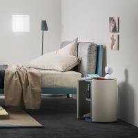 Weston two-tone round nightstand - model with door combined with Oscar bed from the same collection. Finishes: taupe and pacific matt lacquer colours