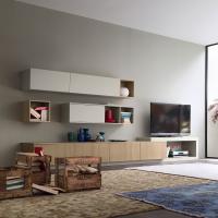 Plan 23 wall system with TV unit in wood and matt lacquer