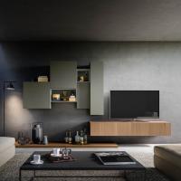 Plan 26 TV and media wall unit in a mix of wood finish and matt lacquer