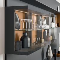 Plan Glass wall unit with 3 hinged doors with sides and doors in grey transparent glass with lead screen printing and Natural leather lacquered back panel