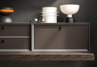 Detail of Plan square storage unit in Gunmetal lacquer with belting leather drawer in colour 1031