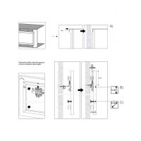 Plan 37 hallway cabinet with shoe rack and coat hooks - A) Coupling of the metal brackets   B) Adjustment of the brackets from above, for vertical alignment of the panels    C) Depth adjustment of the panels using spacers