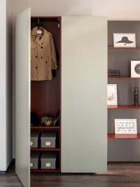 Hallway closet composed of 2 Plan Dove units with metallic lacquered door and interior in Amaranth Decor lacquer