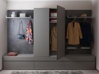 Sectional entryway with drawers Wide 02 composed of modules with backrests and wardrobe with upper doors