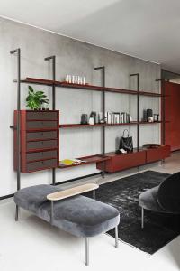 Lacquered storage units with internal boxes covered in belting leather
