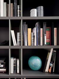 Close up of the Aliant modular bookcase, with flexible arrangement of shelves and sides to create unique and vibrant spaces