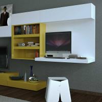 Plan living room wall shelf with backrest used as work surface and PC area