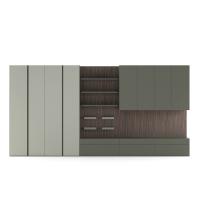 Wide living room composition in matt lacquer with melamine back panel