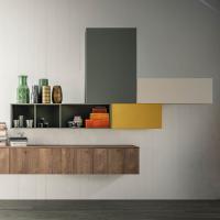 Plan living room wall cabinet with drop down door in several models and measurements pictured in Curcuma and Taupe lacquer