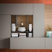 Plan Tetris shelving system with Biscotto fashion wood back panel and matt lacquered shelves (A2 model)