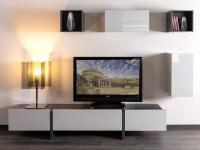 Arrow TV stand with central drop-leaf compartment and side drawers 