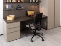 Wide modern wall-mounted desk with top in melamine old copper, drawers in jute matt lacquer and sled legs in moka shine lacquer