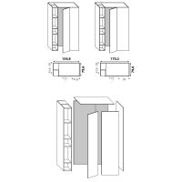 Wide dressing unit with external + internal open compartments: characteristics and overall measurements and encumbrance