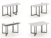 Fold console table: opening sequence. Rotate the legs and then lift the opper half part of the top like a book.